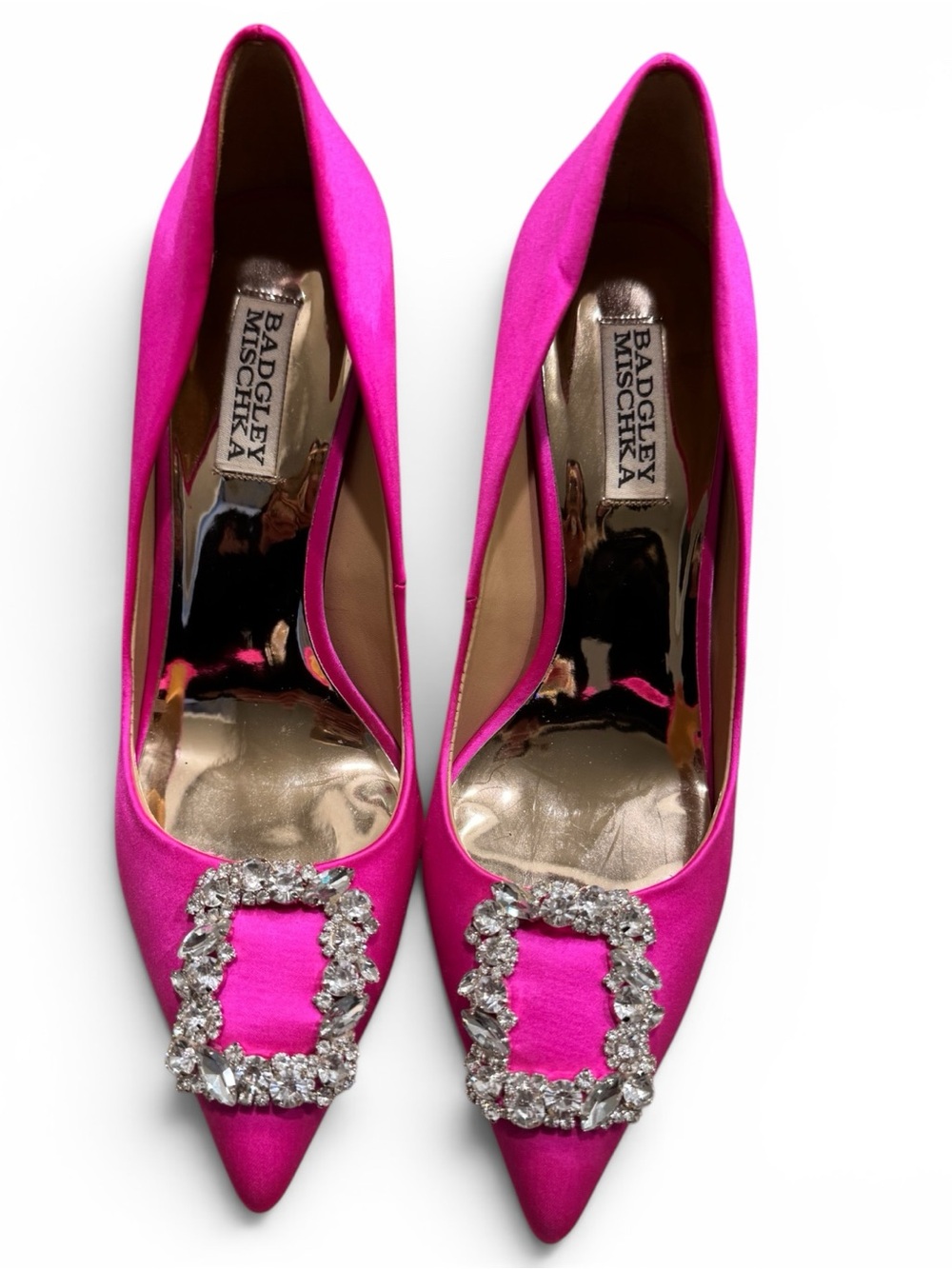 Badgley Mischka Fuchsia Satin Pointed-Toe Crystal Buckle Pumps